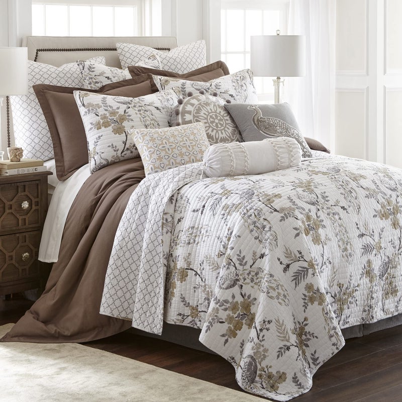 Levtex Home Pisa Reversible Full/Queen Quilt Set (88x92in) with 2 Pillow Shams (26x20in) - Floral Peacock - Grey, Taupe - 100% Cotton Full/Queen Size Quilt Bedding Set - Lightweight, Soft, Pre-Washed - Image 2